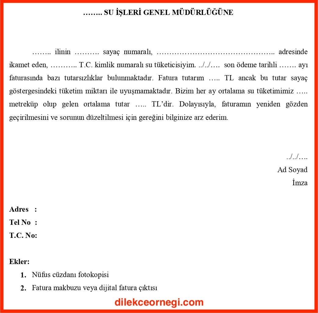 Su Faturası İtiraz Dilekçesi Dilekçe Örneği